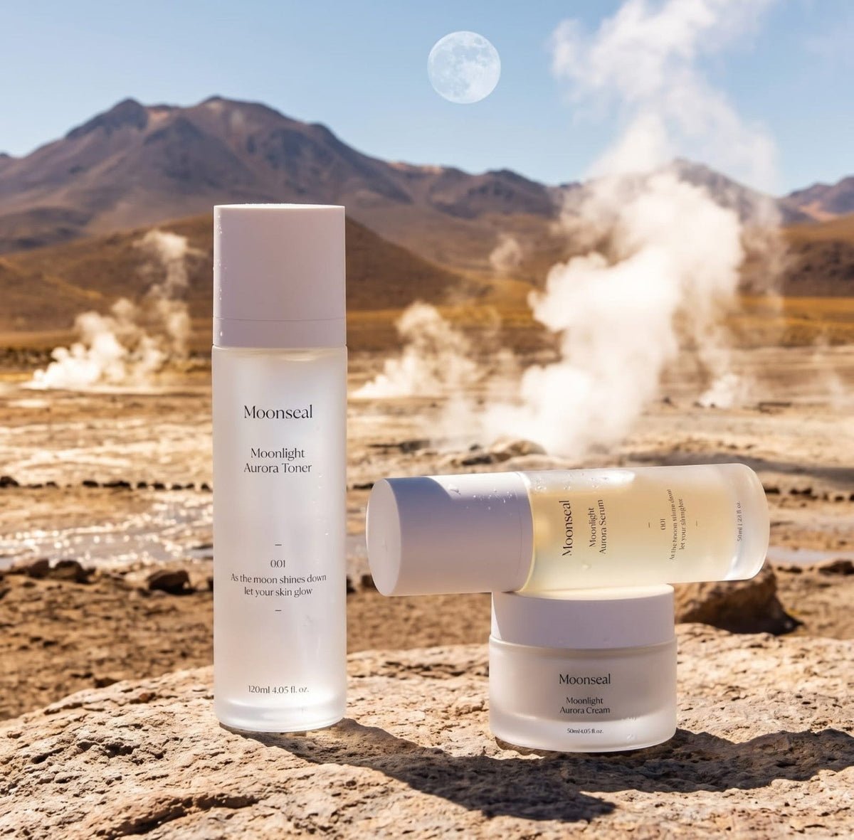 Ritual completo Moonseal con tónico, sérum y crema en el desierto bajo la luna